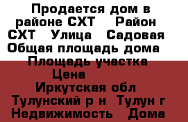 Продается дом в районе СХТ. › Район ­ СХТ › Улица ­ Садовая › Общая площадь дома ­ 47 › Площадь участка ­ 1 944 › Цена ­ 2 000 000 - Иркутская обл., Тулунский р-н, Тулун г. Недвижимость » Дома, коттеджи, дачи продажа   